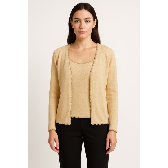 ST. JOHN Vintage 70s Santana Knit Gold Trimmed Cardigan Sweater Tank Set - Picture 1 of 15